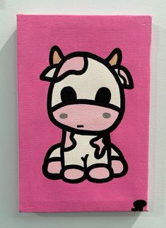 a painting of a cow sitting on top of a pink wall next to a white wall