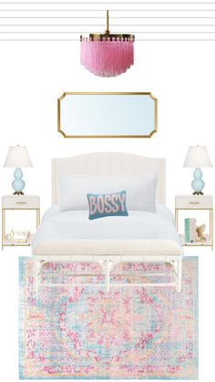 a bedroom with pink and blue accents