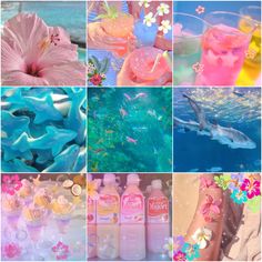 there are many different pictures with flowers and animals on them, including dolphins in the water