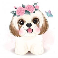 a cute little dog with flowers in her hair