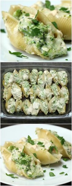 four different views of pasta shells with broccoli and cheese