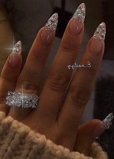 Almond Nails French, Nails For Bride, Wedding Nails Glitter, Nails Silver, Nails Design With Rhinestones, Wedding Nails For Bride, Dress Homecoming, Homecoming Nails