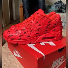 Like New Perfect Condition Nike Air Max 90 Se Ltr Gs All Print Logo Bright Crimson Size 10.5 Women Nike Air Max 90 Se, Nike Air Max 90, Print Logo, Woman Colour, All Print, Womens Shoes Sneakers, Air Max, Nike Air Max, Nike Shoes