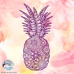 a drawing of a pineapple on a pink and yellow watercolor background with swirls