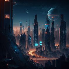 a futuristic city at night with the moon in the sky