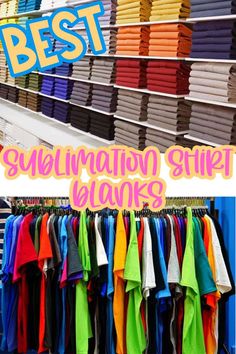 there are many different colored shirts hanging on the rack in this store with text overlay