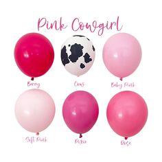 pink and white balloons with cow designs on them, labeled in the names of each balloon