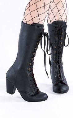 Step out in vintage style in the VIVIKA-205 boots! These cute mid-calf lace-up boots feature a classic Victorian shape that secures with ribbon lace-ups and a rear zip. Perfect with anything from ballgowns to skinny jeans. The Vivika series features a 3-inch block heel. Material: 100% vegan PU leather. US women's sizing-refer to size chart for more info. Black Victorian Boots, Goth Boots Women, Boots Reference, Steampunk Casual, Black Steampunk, Steampunk Shoes, Demonia Boots, Pirate Boots, Victorian Boots