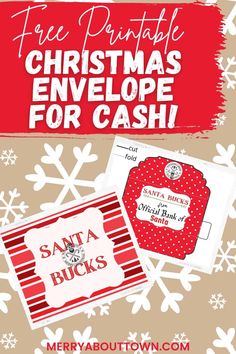 the free printable christmas envelope for cash is shown in red and white with snowflakes