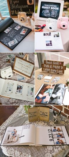 several pictures of wedding guest book and menus on display at a table with flowers