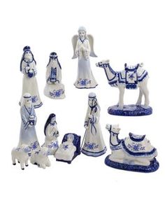 a group of figurines with blue and white designs