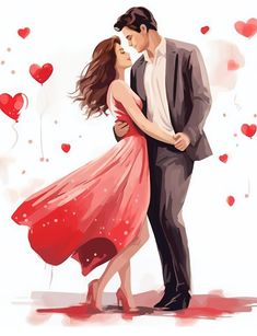 a man and woman are standing next to each other with red hearts floating around them