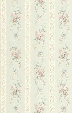 a white wallpaper with pink and blue flowers on the top, along with vertical stripes