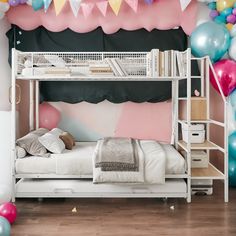 there is a bunk bed in the room with balloons on the wall and other decorations