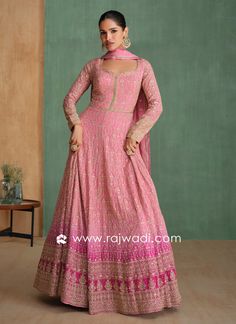 Wedding Wear Rose Pink Embriodered  Anarkali Suit With Dupatta... Pink Anarkali Gown, Silk Wedding Gown, Embroidered Dresses, Nikkah Dress, Bridesmaid Saree, Ombre Pink