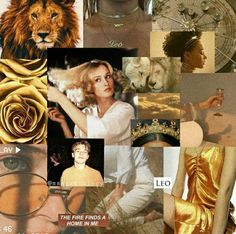 a collage of photos with women, lions and other things in the background that are gold