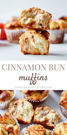 cinnamon bun muffins stacked on top of each other with the title above it