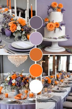 the table is decorated with orange and purple flowers, candles, and white cake on it