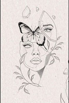 a drawing of a woman with a butterfly on her face