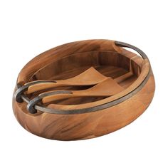 a wooden bowl with metal handles on a white background