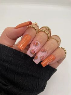 Medium Length Fall Nails, Fall Pumpkin Nails, Holidays Nails, Themed Nails, Acrylic Ideas, September Nails, Pumpkin Nails, Fall Stuff, Cute Nails For Fall