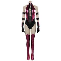 a women's bodysuit with red and black accents