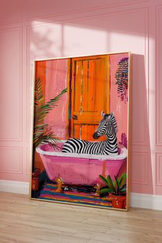 a painting of a zebra in a pink bathtub