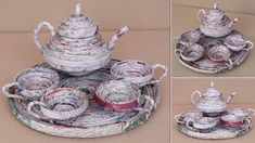 four different views of tea set made out of newspaper strips and old magazines with ribbons