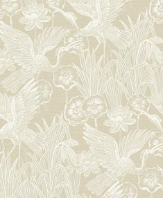 a wallpaper with white flowers and birds on the side, in front of a beige background