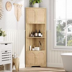 a wooden shelf with some bottles on top of it