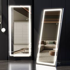 a large mirror sitting on top of a wooden floor next to a wall mounted light