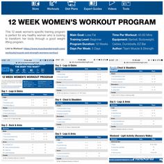 the 12 week women's workout program is shown in blue and white, as well as