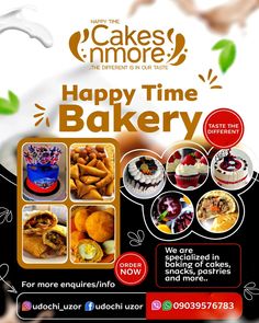 an advertisement for cakes and more, with images of baked goods in the middle of it