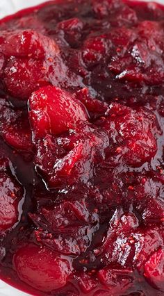 cranberry sauce in a white bowl on a table