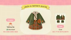 an animal crossing character is wearing a green and orange coat with jack - o'lanterns on it