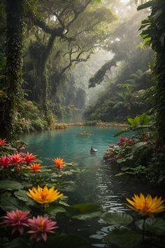 the water is full of colorful flowers and trees in the background, as if it were surrounded by greenery