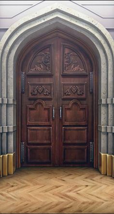 the entrance to an ornate building with two large wooden doors and red carpeted flooring