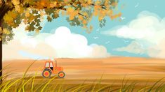 a tractor is parked in the middle of a field under a tree with yellow leaves