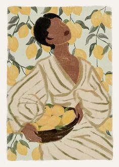 a painting of a woman holding a basket of lemons