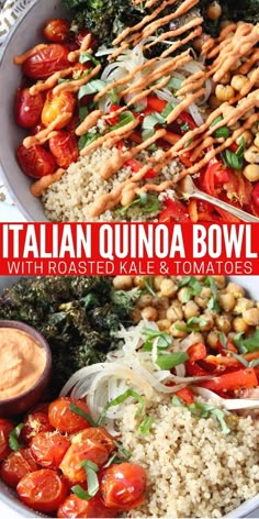 this is an image of italian quinoa bowl with roasted kale and tomatoes