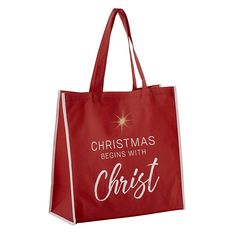 Christmas Begins with Christ Red Tote Bag - Holiday Gift Bag - Reusable Shopping Bag | oak7west.com Usable Gifts, House Gallery, Red Tote Bag, Holiday Gift Bag, Heritage House, Christmas Tote Bags, Christmas Tote, Eco Tote Bag, Red Tote