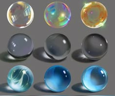 an assortment of soap bubbles on a gray background