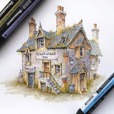 a drawing of a house with a clock on it