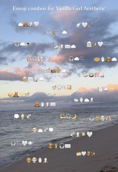 an image of the beach with clouds in the sky and some pictures on the sand