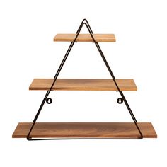 three tiered wooden shelf with metal legs and two shelves on each side, in the shape of a triangle