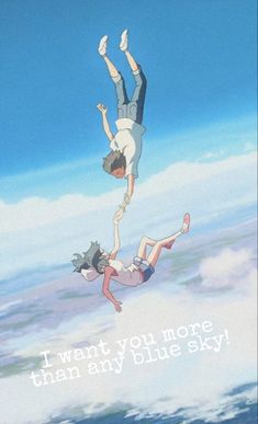 two people flying through the air while holding onto each other's legs with words written below them