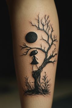 Tattoo of a girl on a tree branch under a full moon. Caroline Tattoo, Country Tattoos, Doll Tattoo, Coraline Doll, Stylish Tattoo, Mother Tattoos