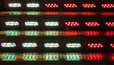 several red and green lights are lit up on the stairs in front of a building