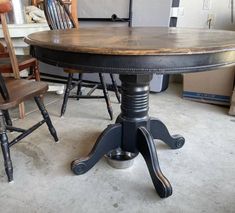 Restored Kitchen Table, Mission Table Makeover, Antique Dining Room Table Makeover, Farmhouse Style Living Room Decor, Antique Dining Room Table, Black Kitchen Table, Dining Room Table Makeover, Dining Table Makeover, Round Dining Room Sets