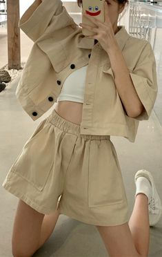 Beige Set Shorts & Shirt,It is sexy, comfy and classy. For elegant ladies, teens and women. It is street style and fitted in any outfit. Shorts Outfits Women, Casual College Outfits, Beige Outfit, Easy Trendy Outfits, Simple Trendy Outfits, Cute Summer Outfits, Korean Outfits, Casual Style Outfits, Comfy Outfits